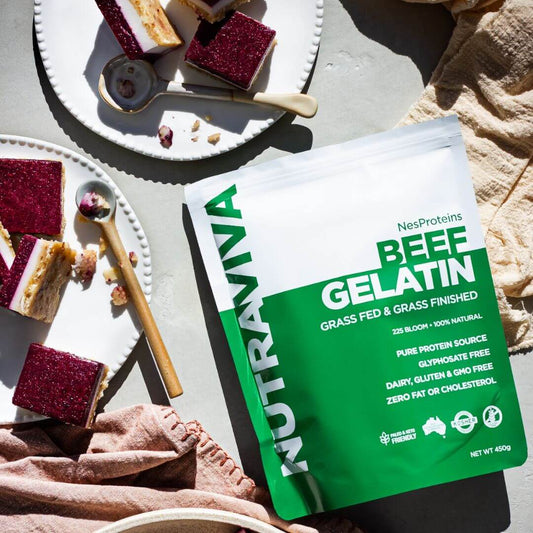 pack of Nutraviva beef gelatin powder on bench with berry and vanilla slice