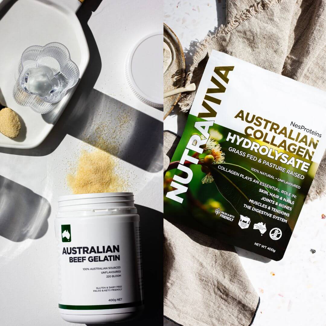 side by side images of collagen and gelatin powder products