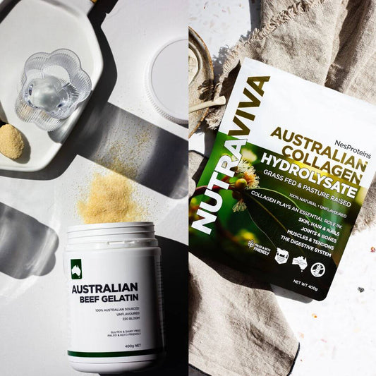 side by side images of collagen and gelatin powder products