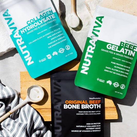 collagen bone broth beef gelatin 100g packs on bench
