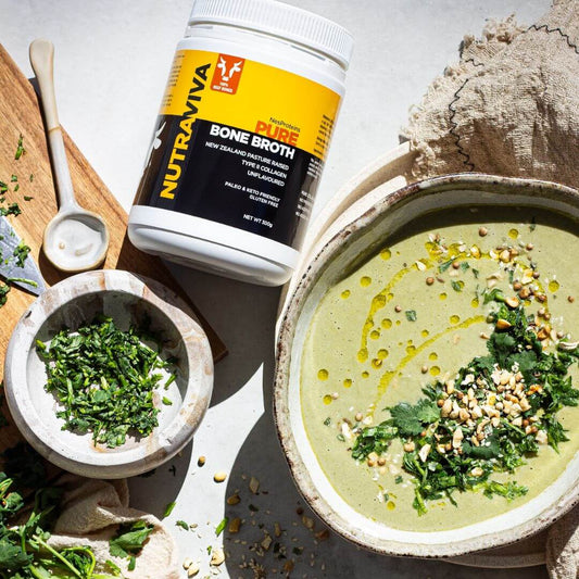 pure bone broth tub with healing detox soup in a bowl with fresh herbs and dukkah