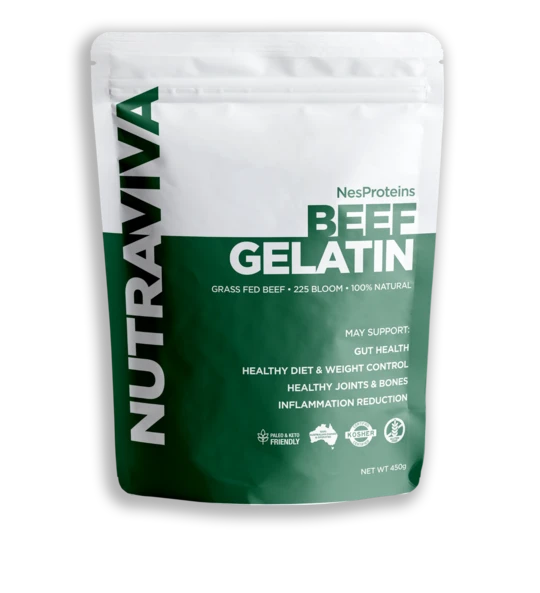 NutraViva beef gelatin package on a white background
