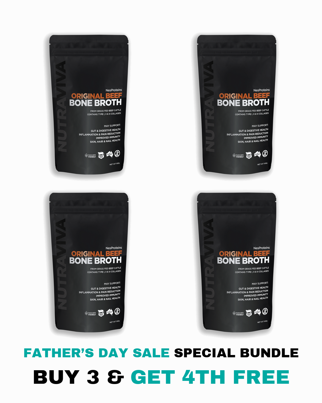 Nutraviva Beef Bone Broth Powder 100g Father's Day bundle, buy 3 get 1 free