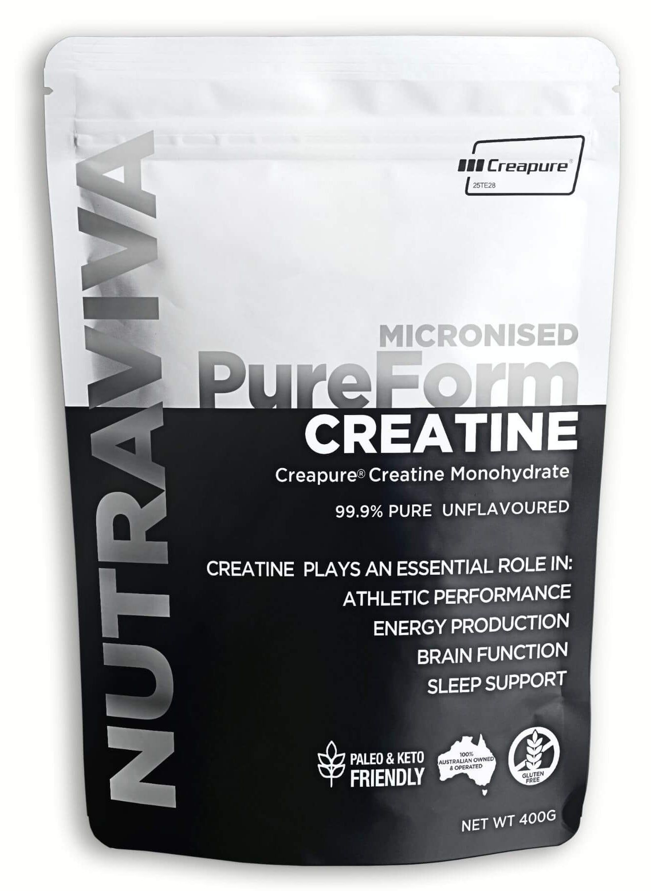 NUTRAVIVA PureForm Micronised Creatine supplement packaging on a white background