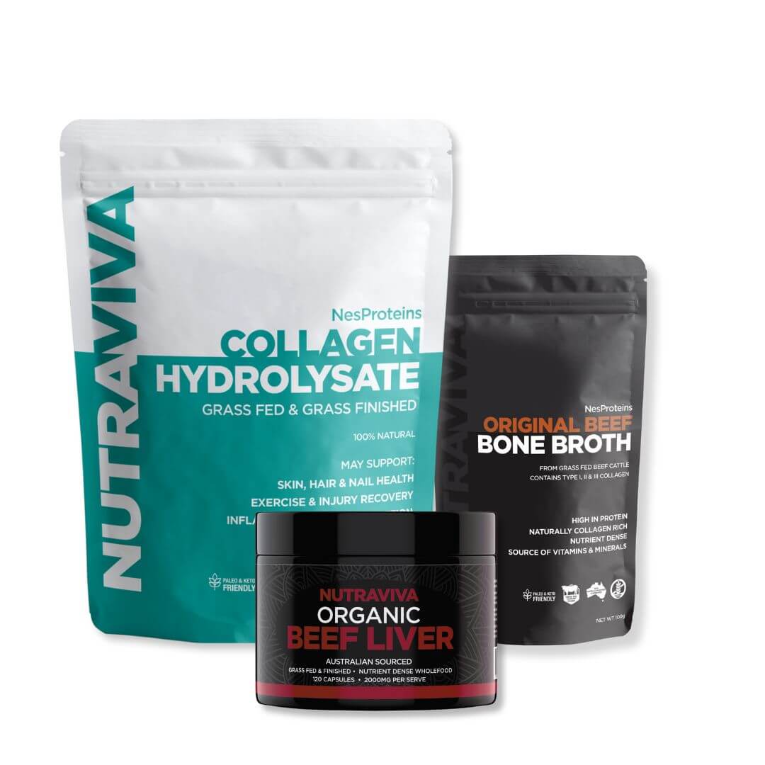 collagen powder, bone broth powder and beef liver capsules bundle