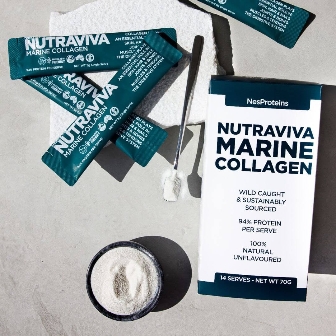 Nutraviva Marine Collagen Sachet Box with single-serve marine collagen sachets and collagen powder