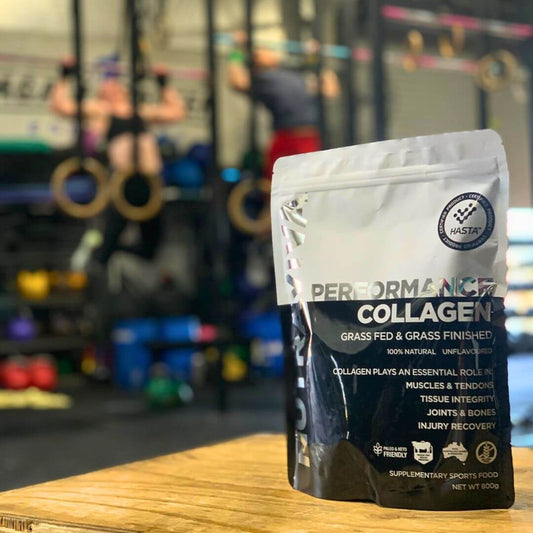nutraviva collagen powder on a box in a gym setting