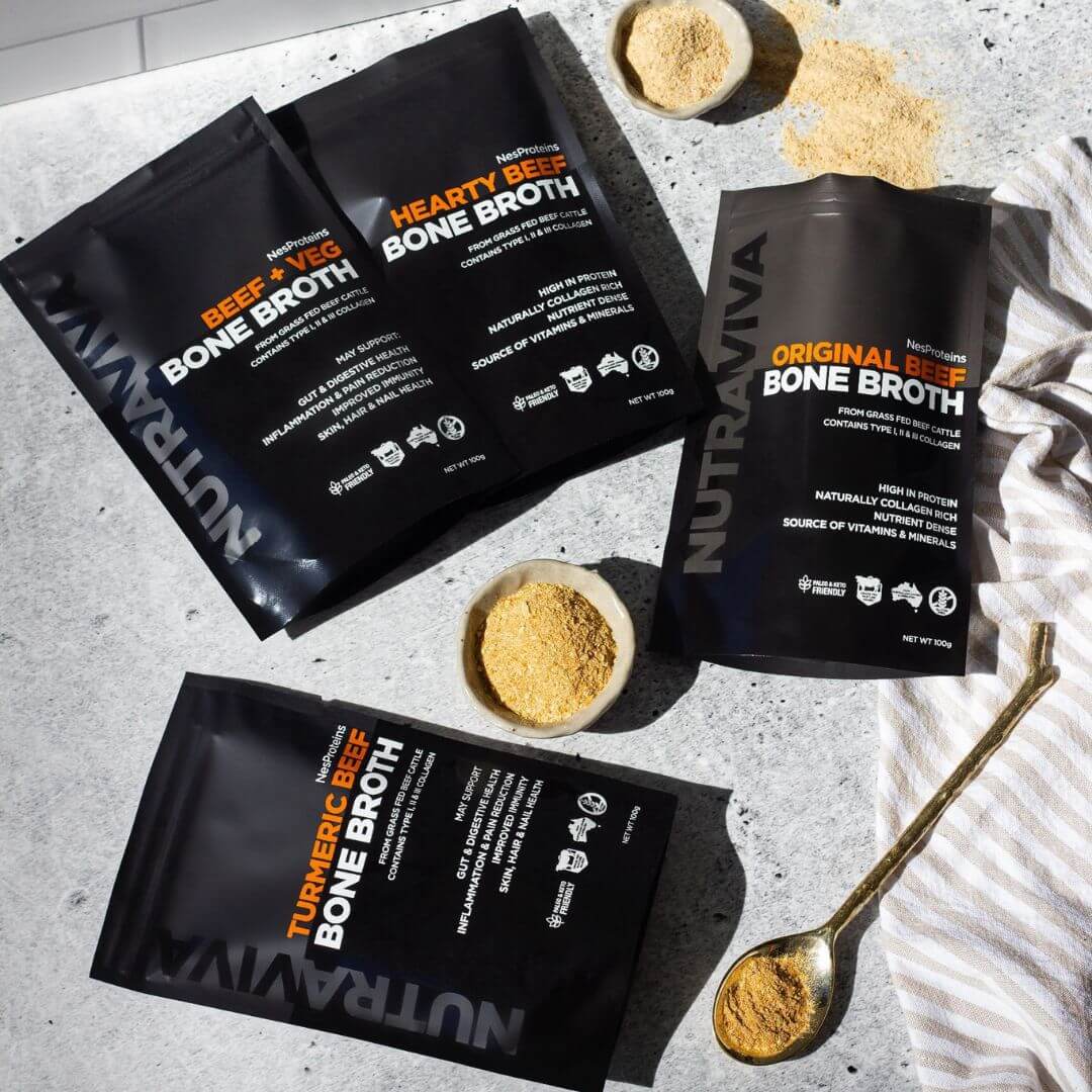 four Nutraviva bone broth packs on a kitchen bench