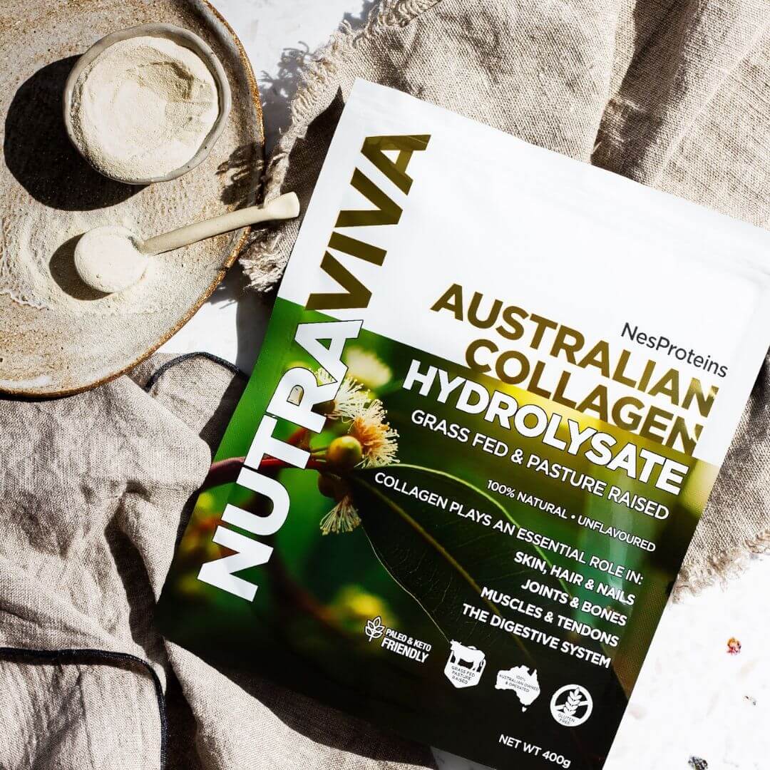 pack of collagen hydrolysate on bench with powder in a bowl next to it