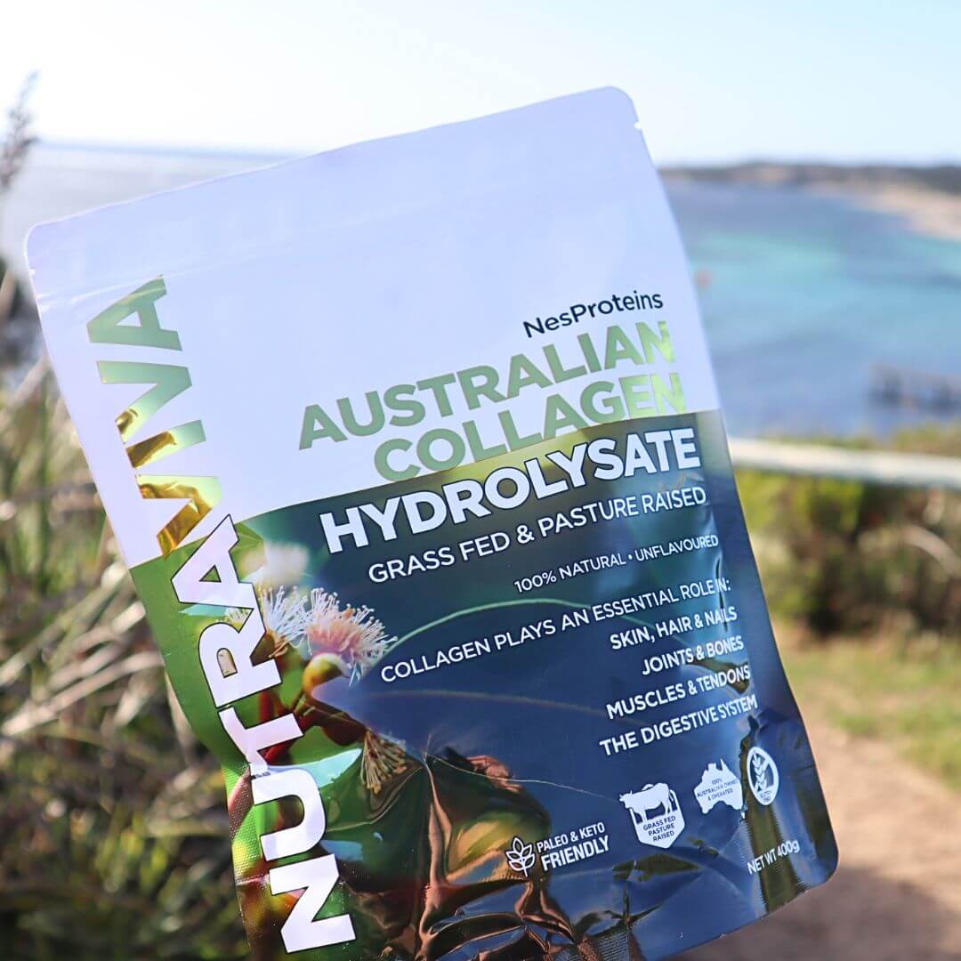 bag of Australian collagen in a beach landscape background