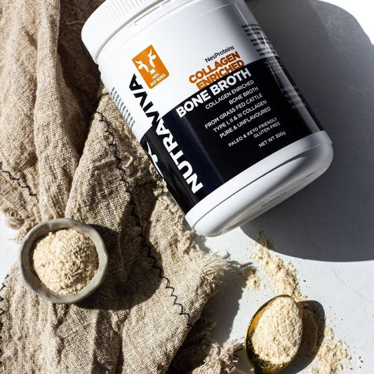 collagen enriched bone broth tub on kitchen bench