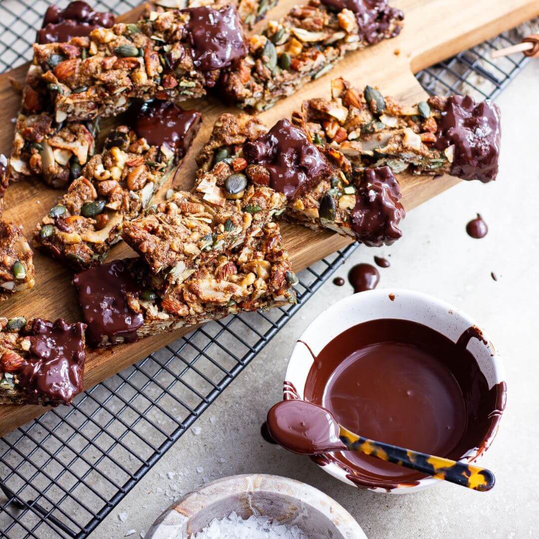 granola collagen bars drizzled with chocolate