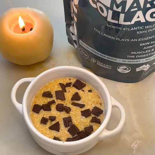 collagen overnight oats in a bowl with pack of marine collagen powder