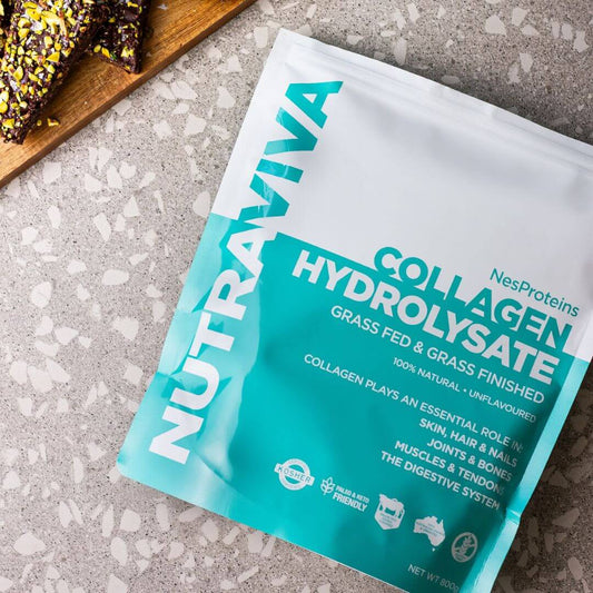 pack of collagen powder on a kitchen bench