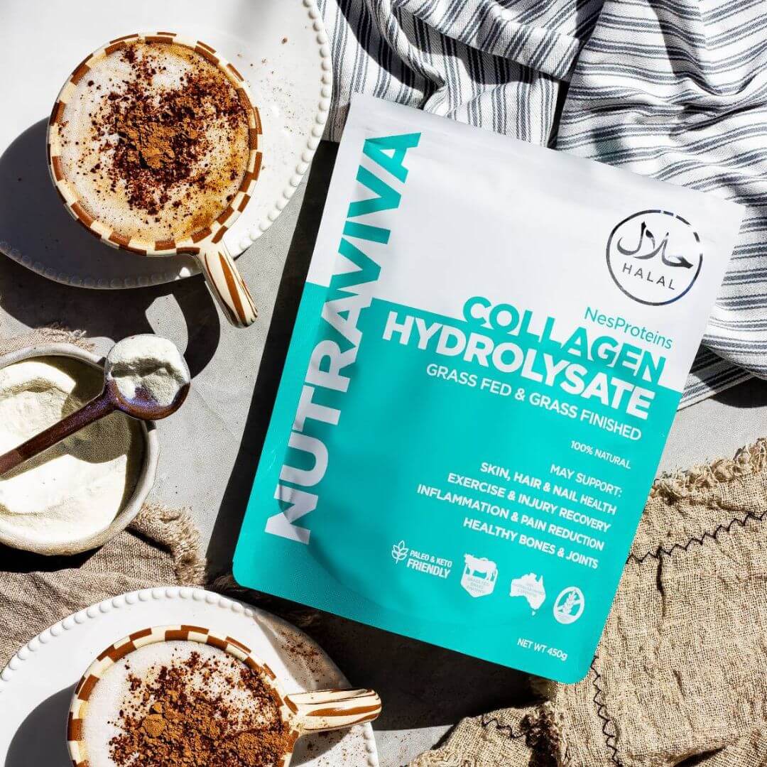 halal collagen powder pack on kitchen bench with two collagen coffees and a bowl with collagen powder and a spoon