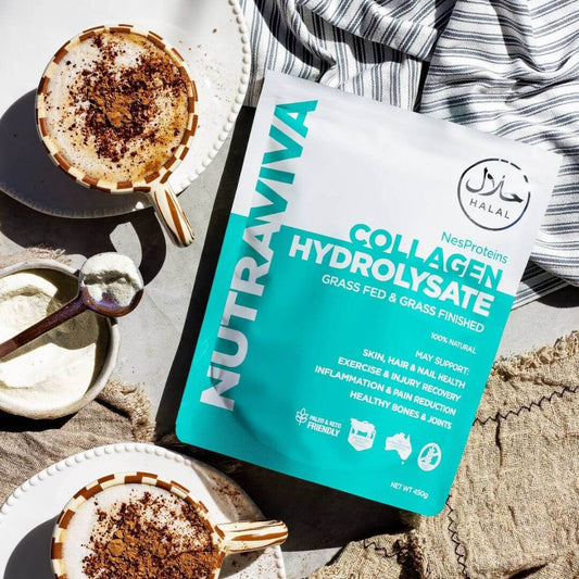 halal collagen powder pack on kitchen bench with two collagen coffees and a bowl with collagen powder and a spoon