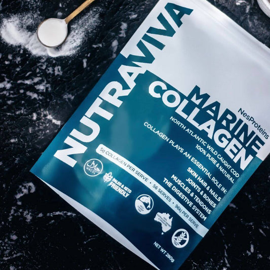 halal certified marine collagen powder pack on kitchen bench 
