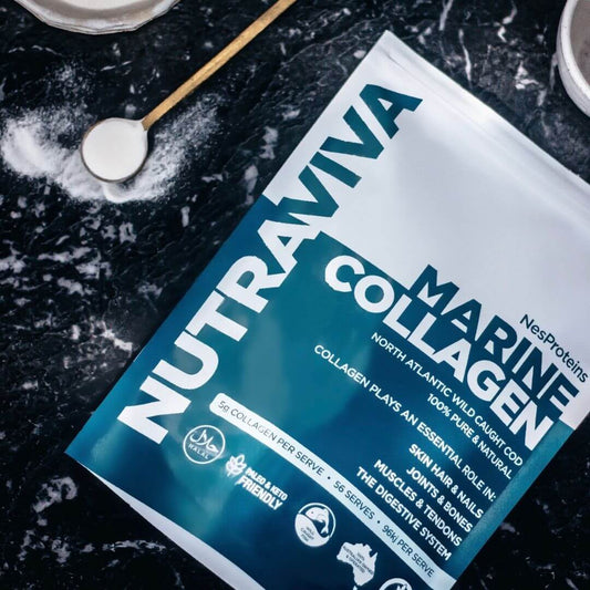 marine collagen powder pack on bench with spoon of collagen powder next to it
