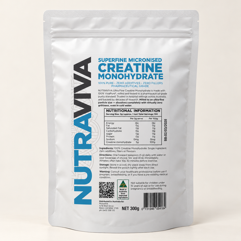 Nutraviva Limited Edition Superfine Micronised Creatine Monohydrate 300g pouch, front
