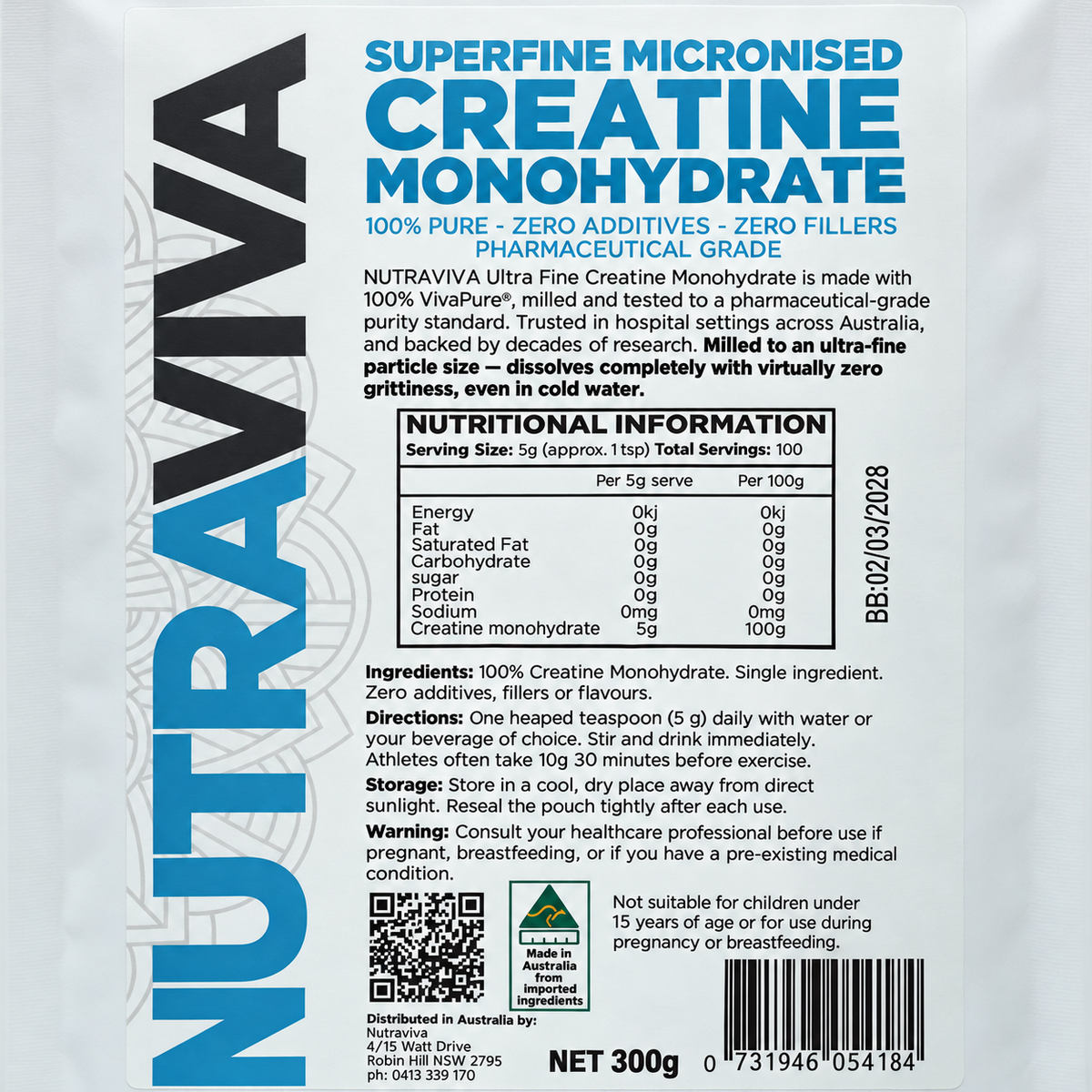 Nutraviva Limited Edition Superfine Micronised Creatine Monohydrate 300g, label close-up with nutrition information, directions and ingredients