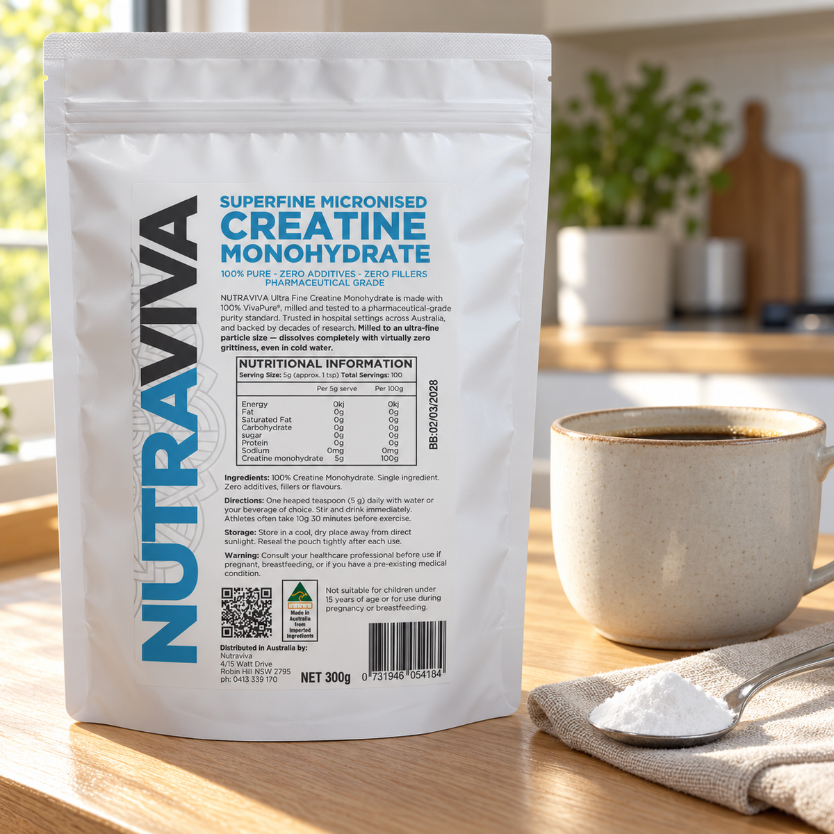 Nutraviva Limited Edition Superfine Micronised Creatine Monohydrate 300g pouch beside a morning coffee and a teaspoon of powder