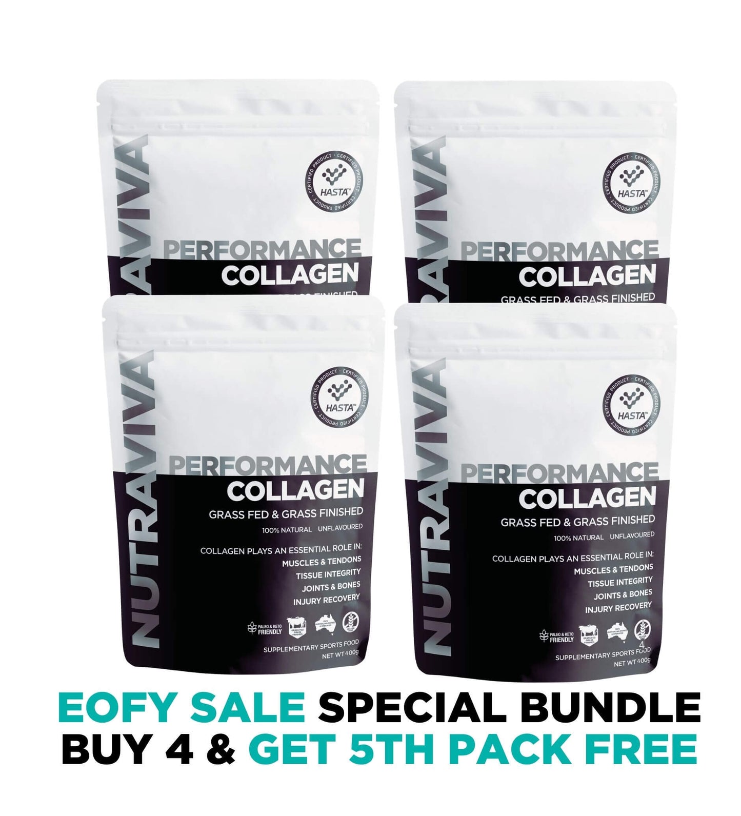 Four packages of Nutraviva Performance Collagen on a white background with promotional text.