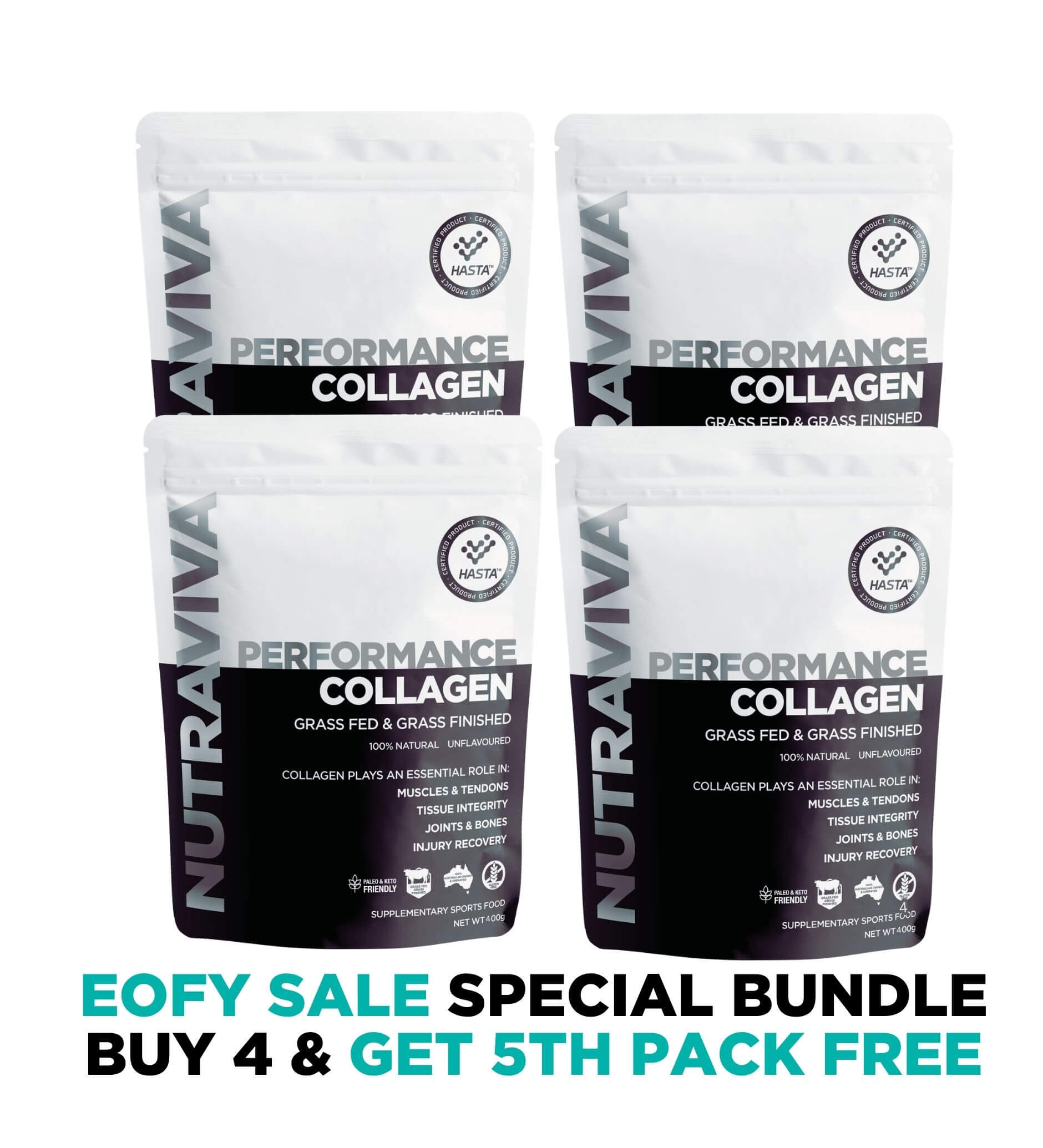 Four packages of Nutraviva Performance Collagen on a white background with promotional text.