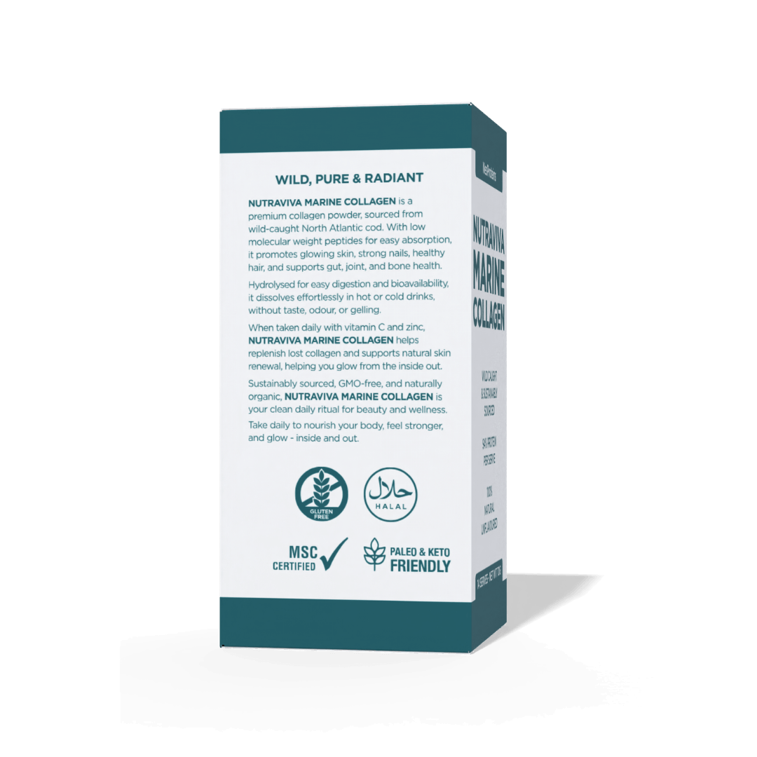 Box of Nutravita Marine Collagen with text and certification logos on a white background
