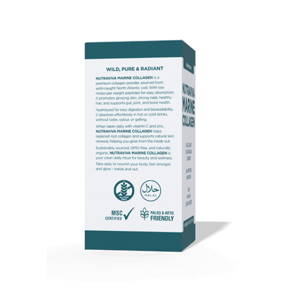 Box of Nutravita Marine Collagen with text and certification logos on a white background