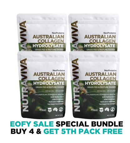 Four packages of Nutraviva Australian Collagen Hydrolysate on a white background with promotional text.