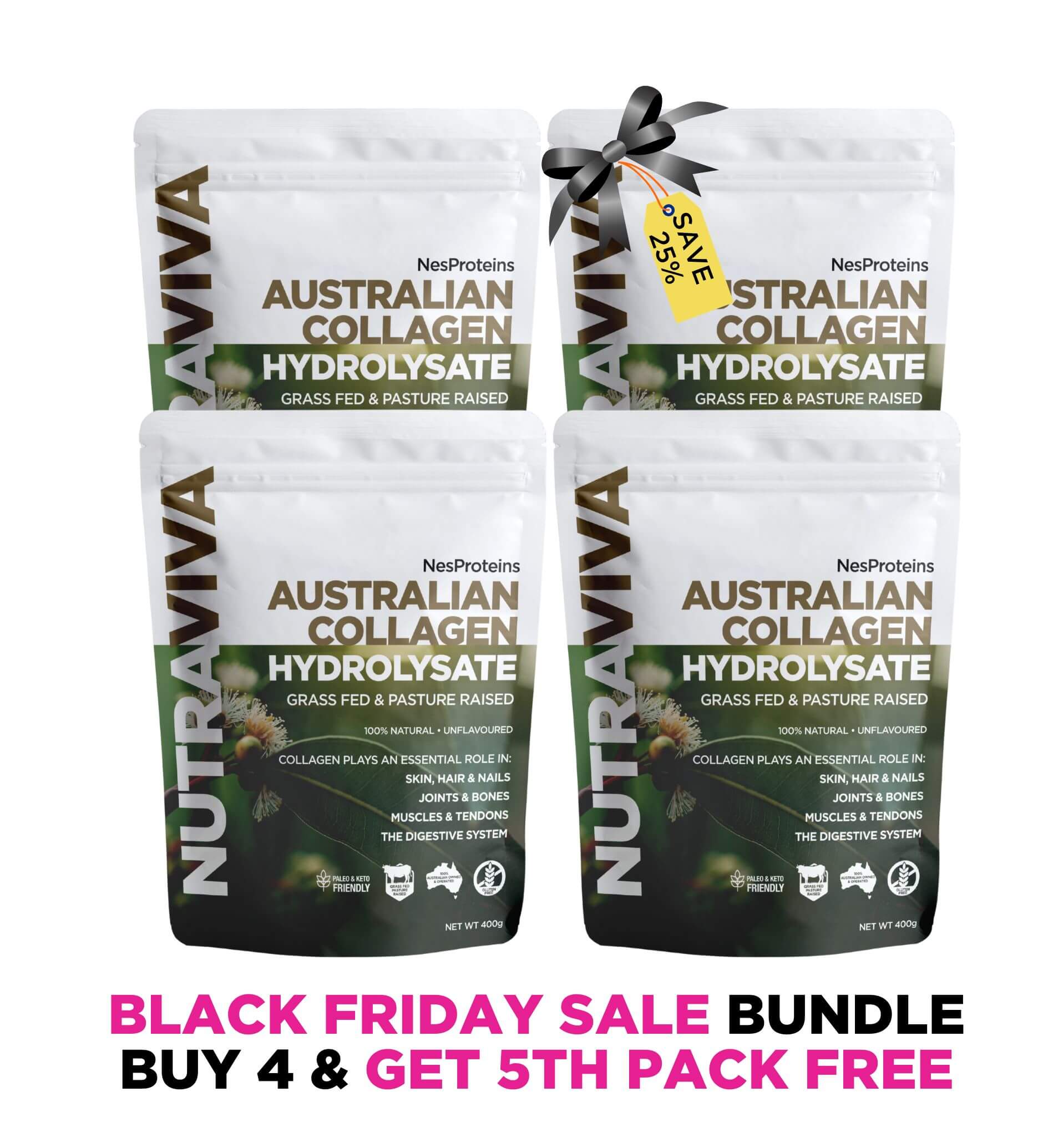 Australian Collagen Hydrolysate packages with a Black Friday sale banner.