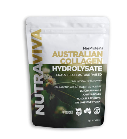 Packaging of Nutraviva Australian Collagen Hydrolysate in a white pouch with green and black text, highlighting its Australian-sourced, grass-fed, and paleo-friendly attributes.