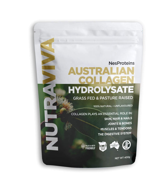 Packaging of Nutraviva Australian Collagen Hydrolysate in a white pouch with green and black text, highlighting its Australian-sourced, grass-fed, and paleo-friendly attributes.