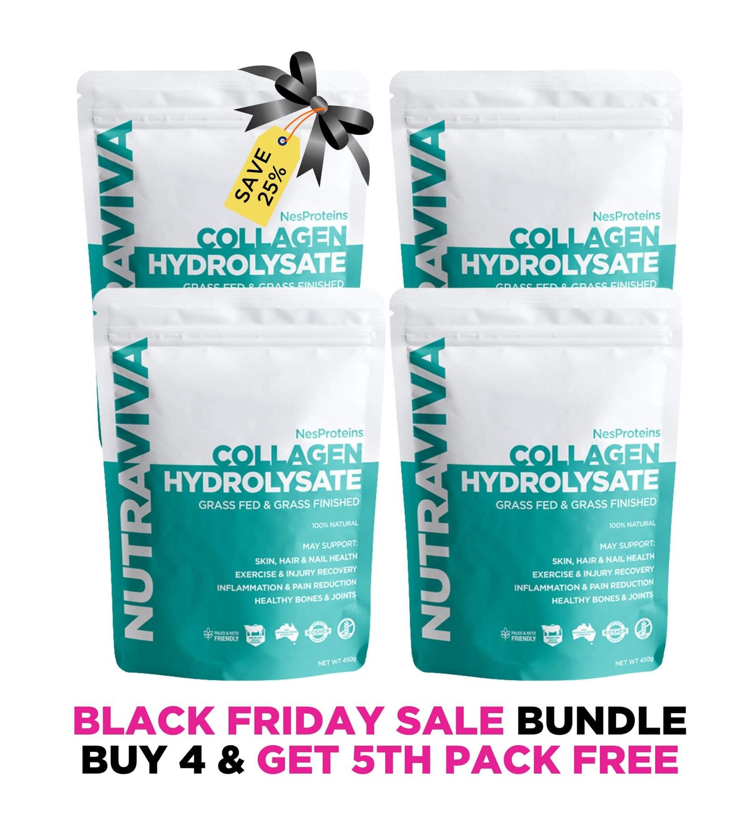 Four packages of Nutraviva Collagen Hydrolysate with a Black Friday sale banner.