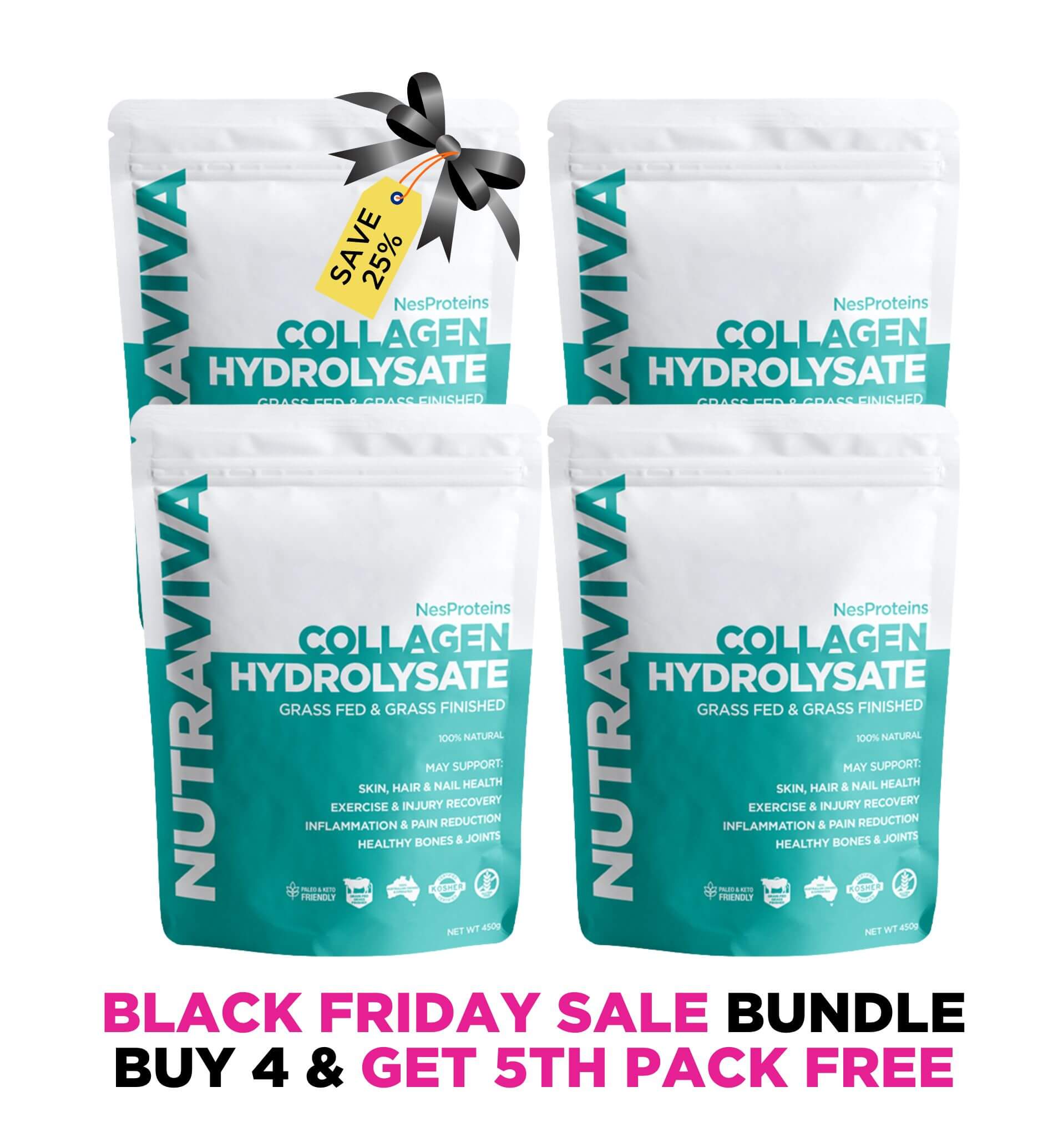 Four packages of Nutraviva Collagen Hydrolysate with a Black Friday sale banner.