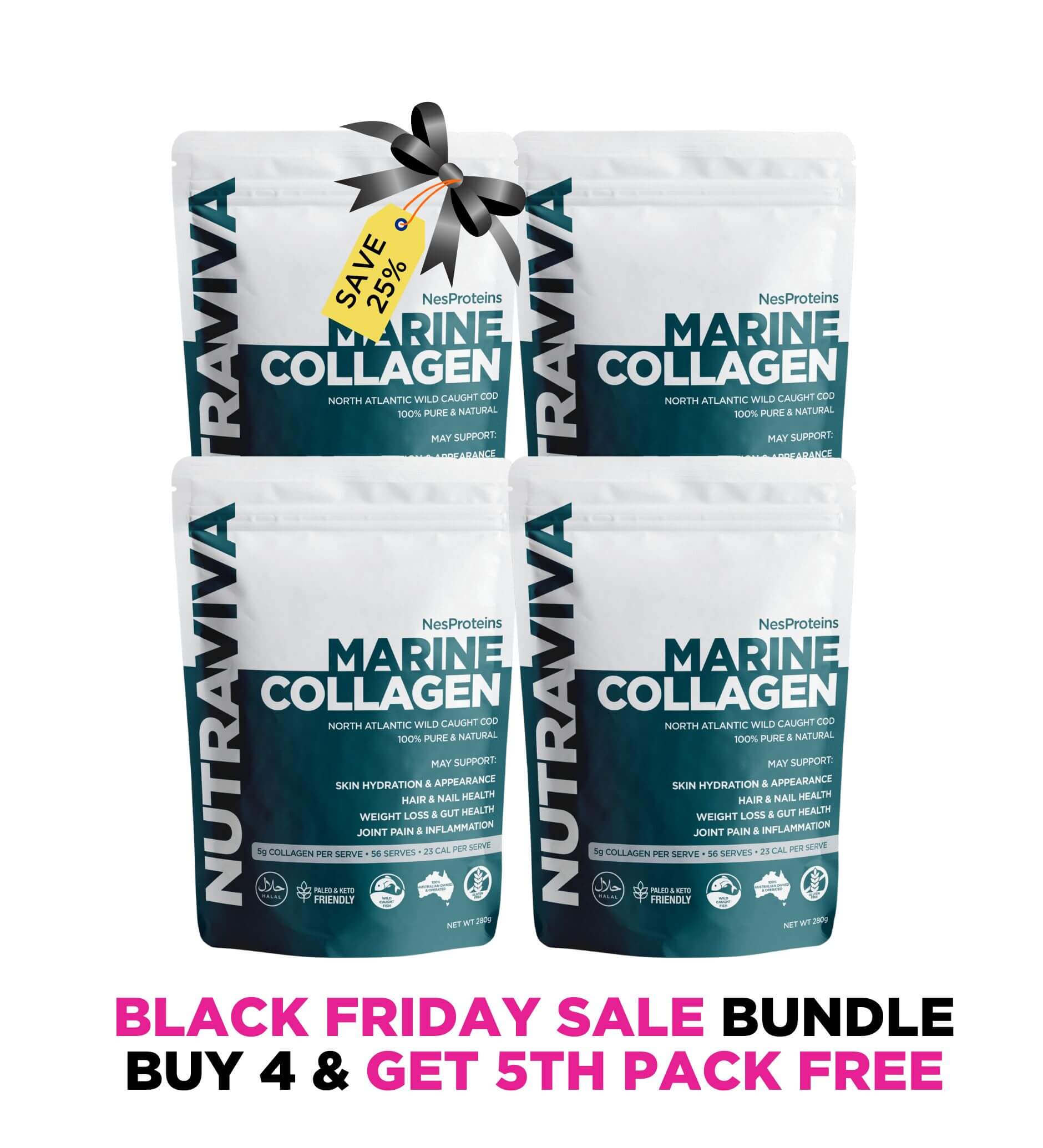 four packages of Nutraviva Marine Collagen with a Black Friday sale banner.