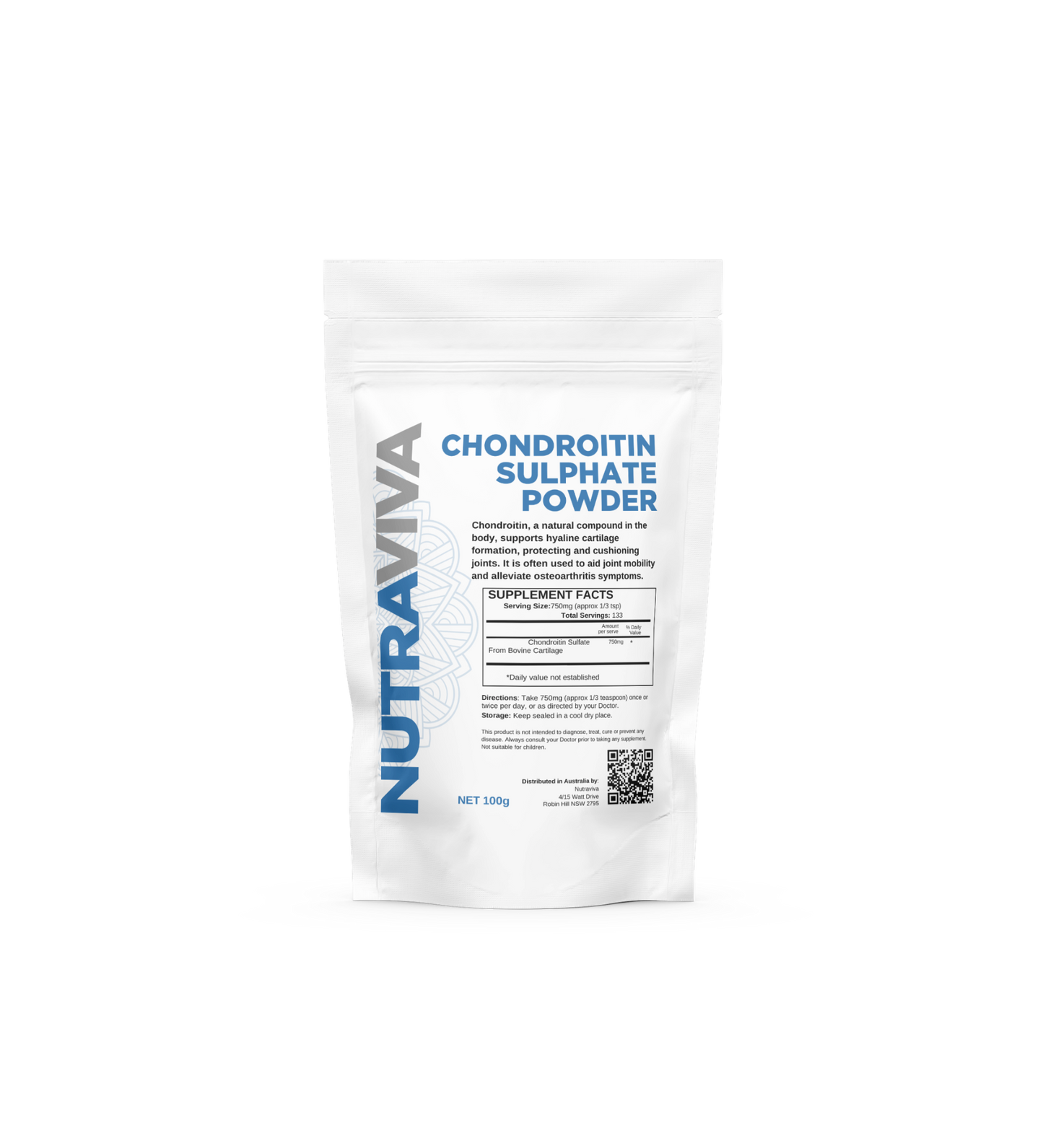 A package of Nutraviva Chondroitin Sulphate Powder, showing the product name and a brief description on the front.