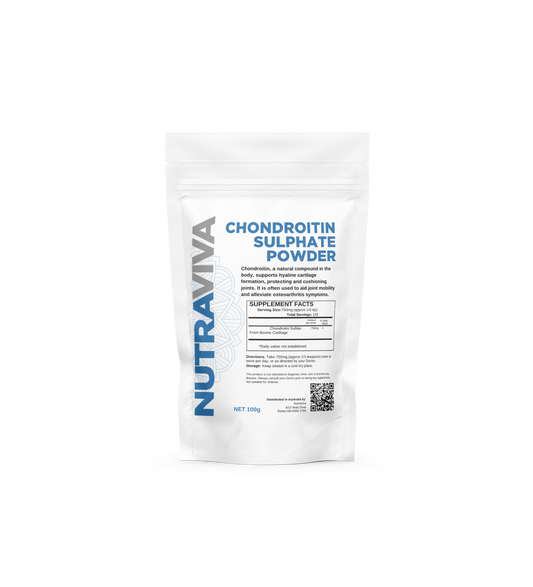 A package of Nutraviva Chondroitin Sulphate Powder, showing the product name and a brief description on the front.