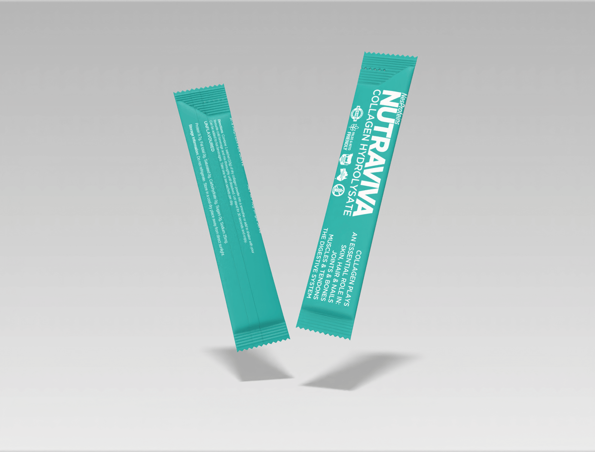 Two Nutraviva collagen powder sticks on a gray background