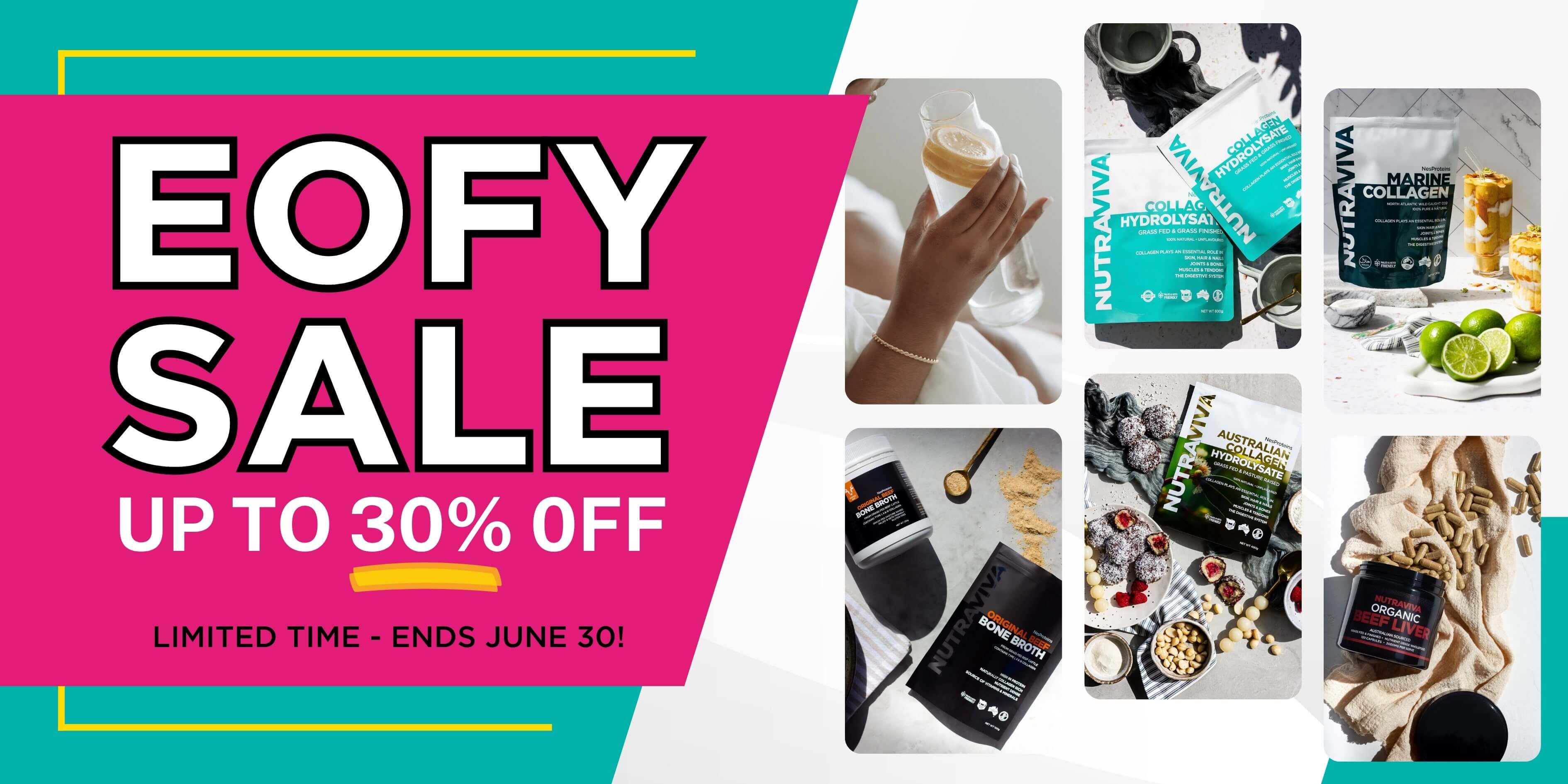 collagen powders on a EOFY sale banner