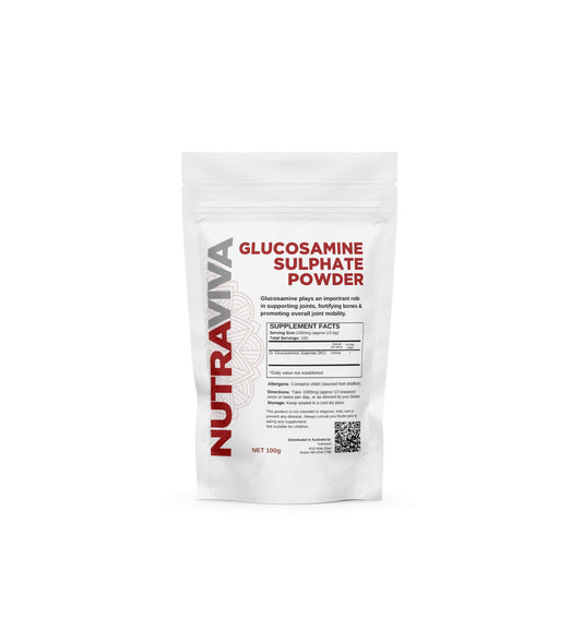 A package of Nutraviva Glucosamine Sulphate Powder 400g. The packaging is primarily white with red and black text and logo details.