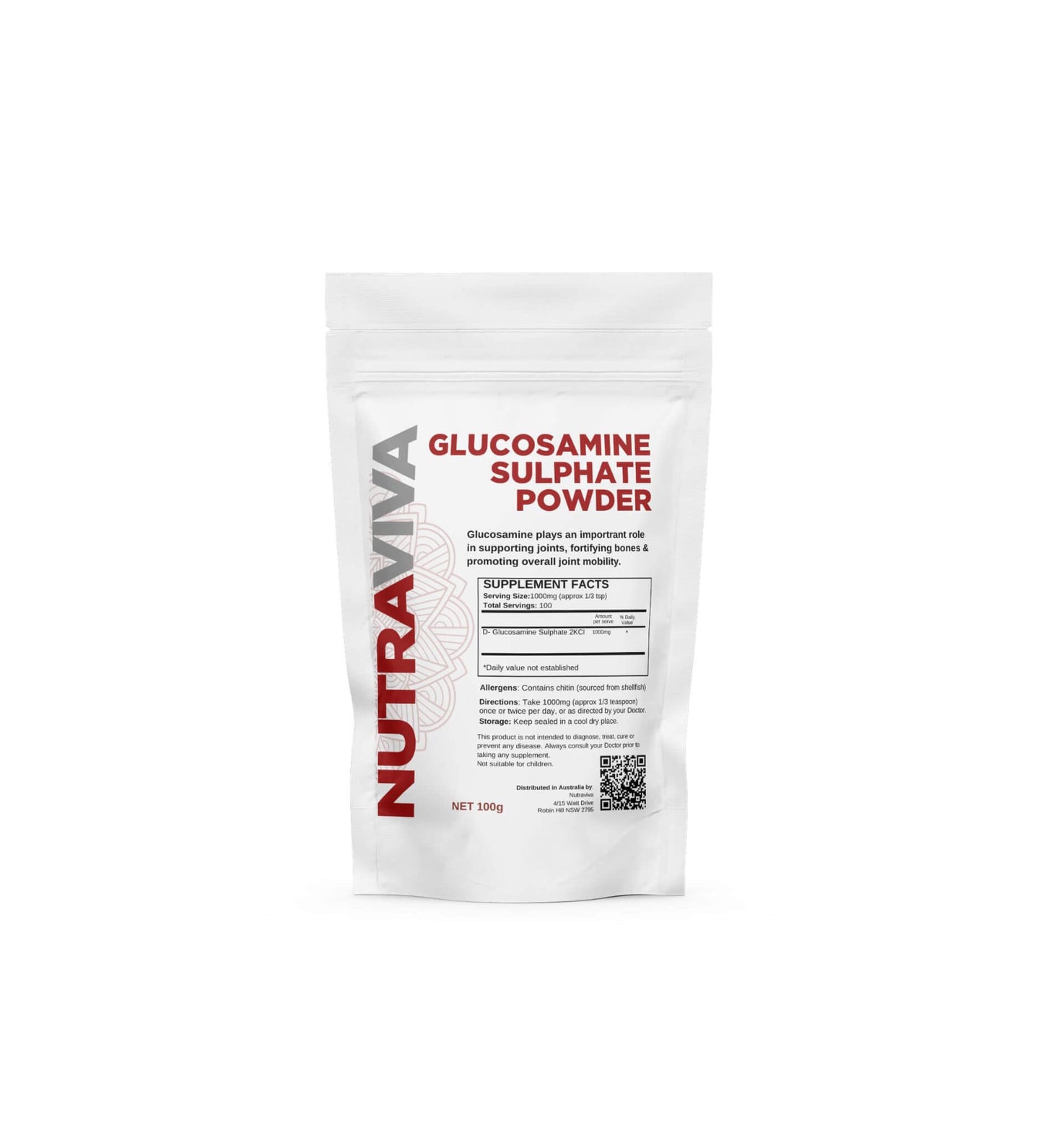 A package of Nutraviva Glucosamine Sulphate Powder in a white bag with red and black text.