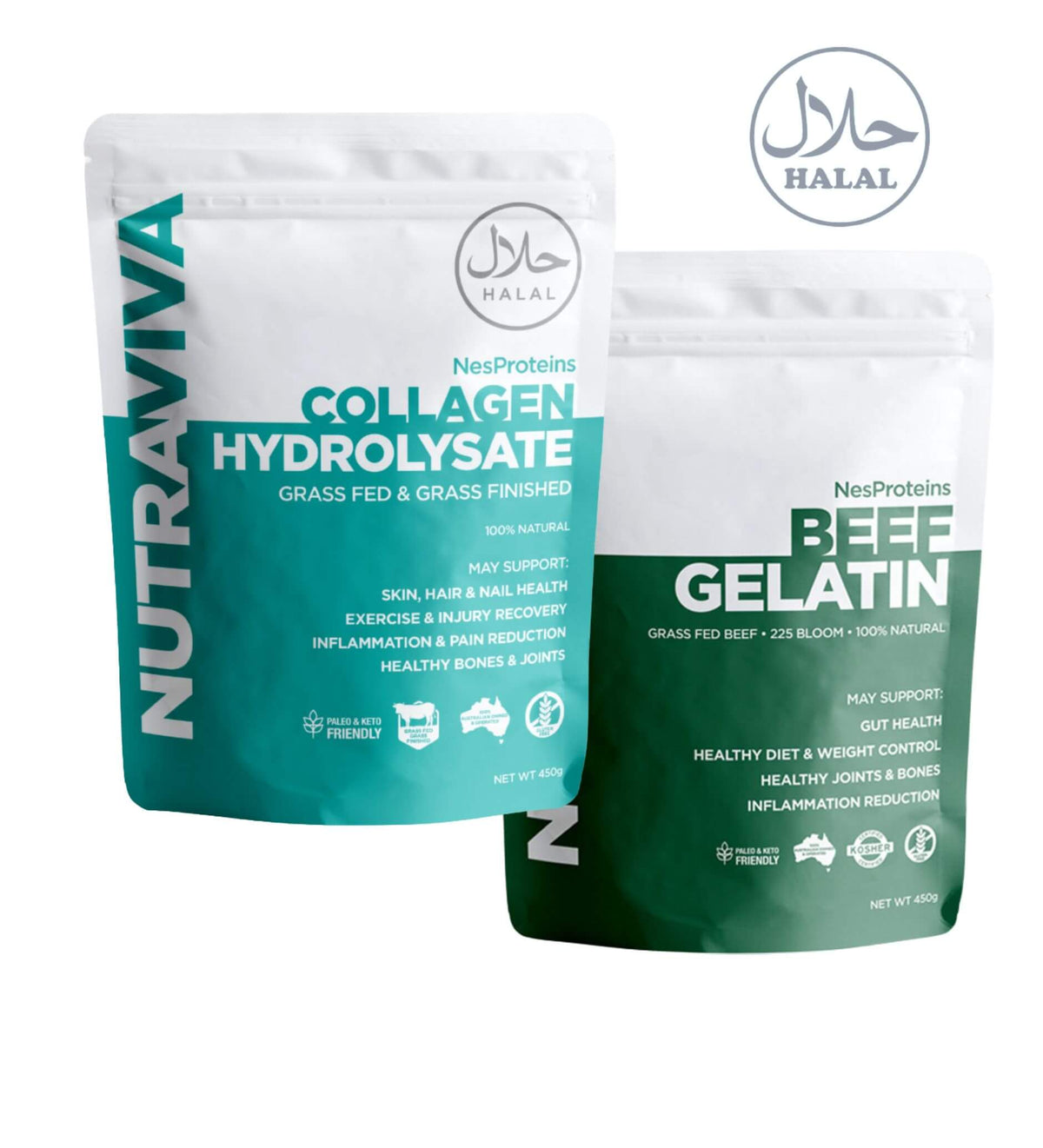 Halal Good Gut Duo: Halal Collagen Hydrolysate 450g and Beef Gelatin 450g
