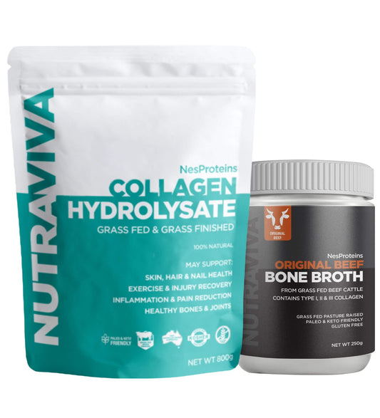 Two packaged products, one labeled as Collagen Hydrolysate and the other as Bone Broth, both with Nutraviva branding.