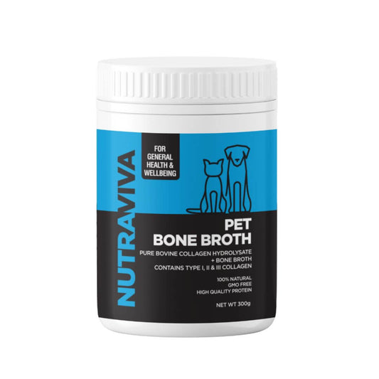 A container of Nutraviva Pet Bone Broth, which is a powder intended as a food supplement for dogs and cats.