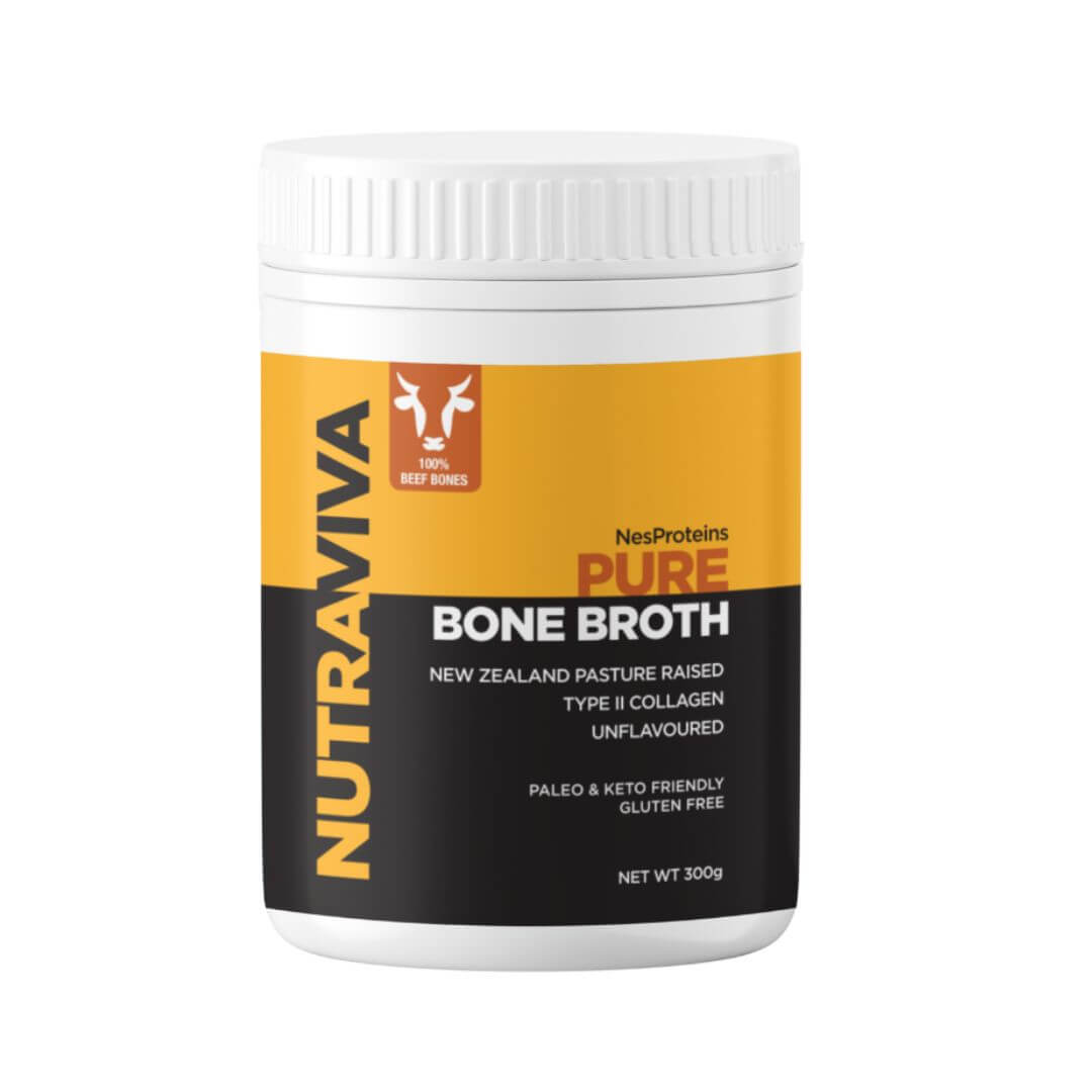 front of pure bone broth powder tub