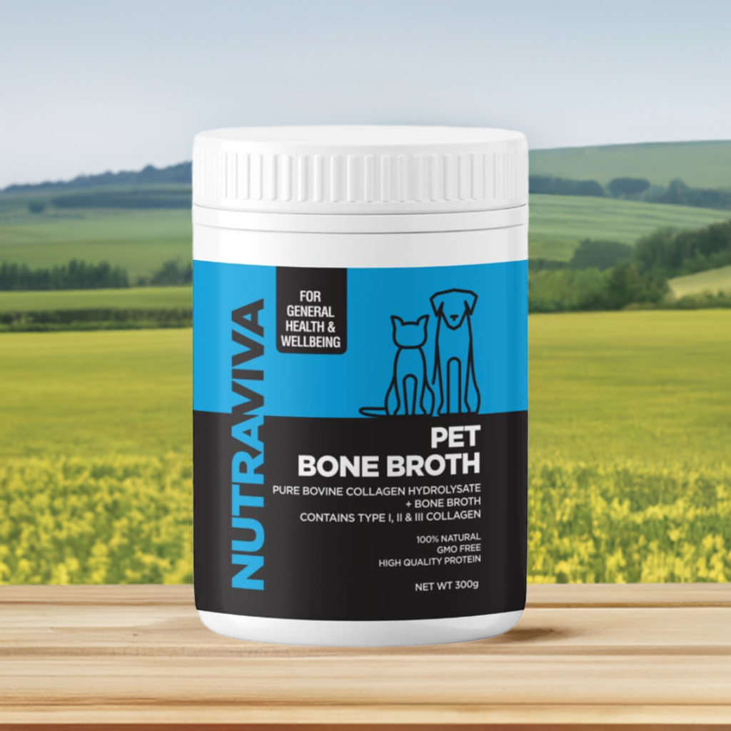 Nutraviva pet bone broth on bench with a country background