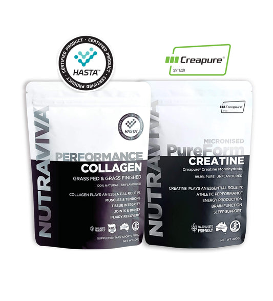 Two Nutraviva supplement packages, one labeled 'Performance Collagen' and the other 'Pure Form Creatine', on a white background.