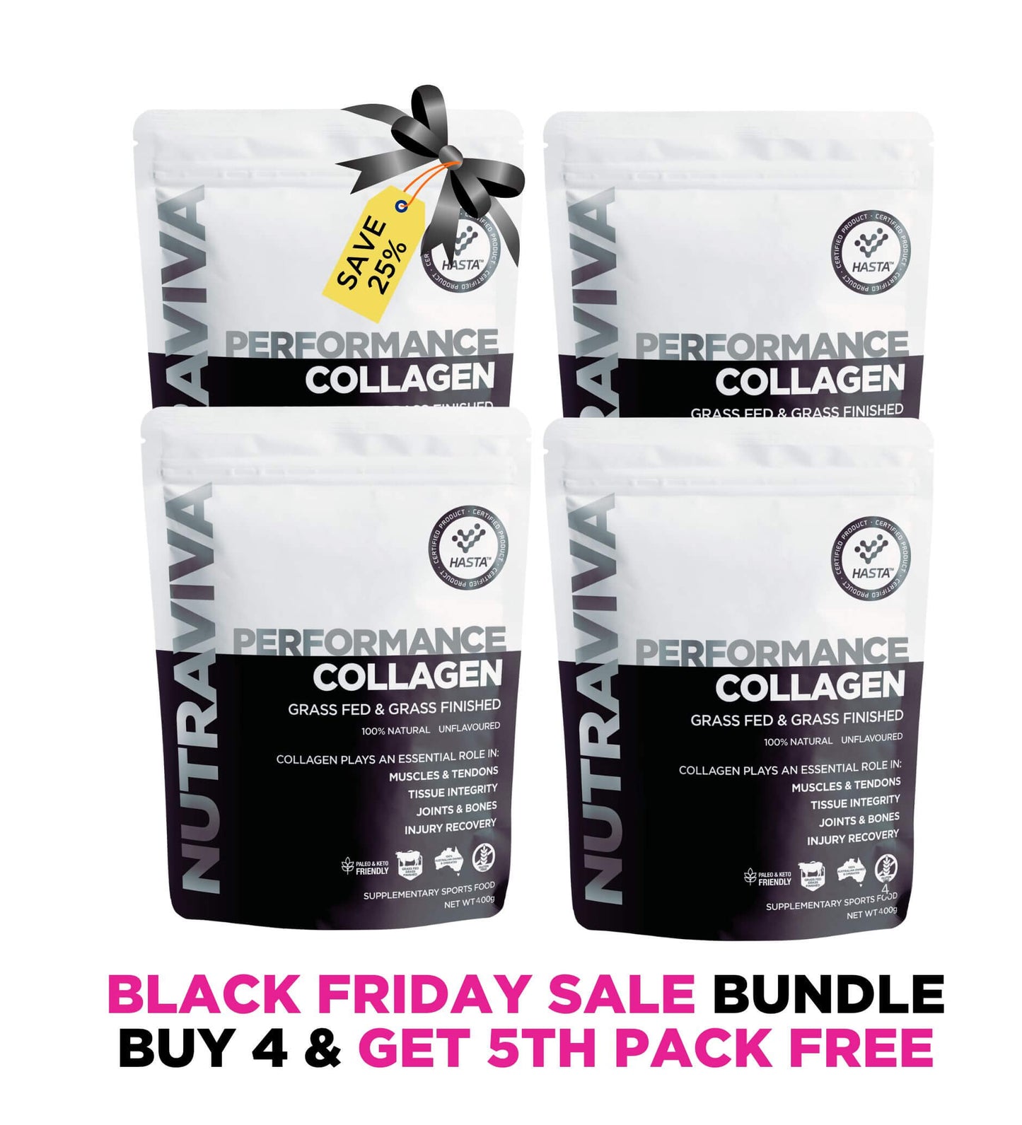 Four packages of Nutraviva Performance Collagen with a Black Friday sale banner.
