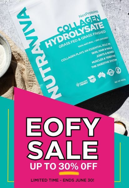 collagen powder pack on a EOFY sale banner